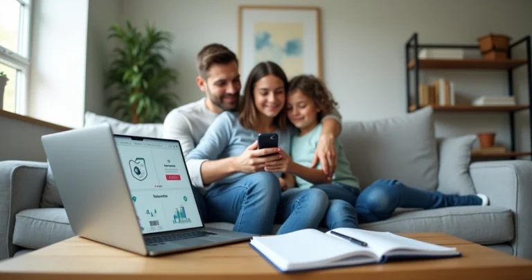 Família consultando plano de seguro saúde em aplicativo no sofá da sala
