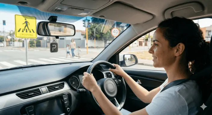 Seguro de Carro: Encontre a Melhor Opção 2 Uma mulher motorista atenta e sorridente, usando cinto de segurança, dirige um veículo moderno em uma rua urbana ensolarada, ilustrando a paz de espírito e segurança proporcionada por um bom seguro de carro.